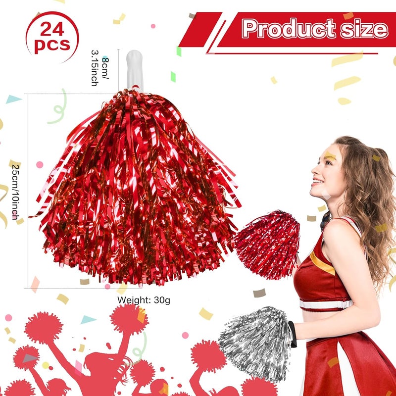 DILIBRA 24 Pcs Metallic Cheerleading Pom Poms for Kids, Cheerleaders Cheer Pom Poms with Baton Handle, Cheering Squad Hand Flower for Adults Team Spirit Sports Game Dancing Party - Image 2